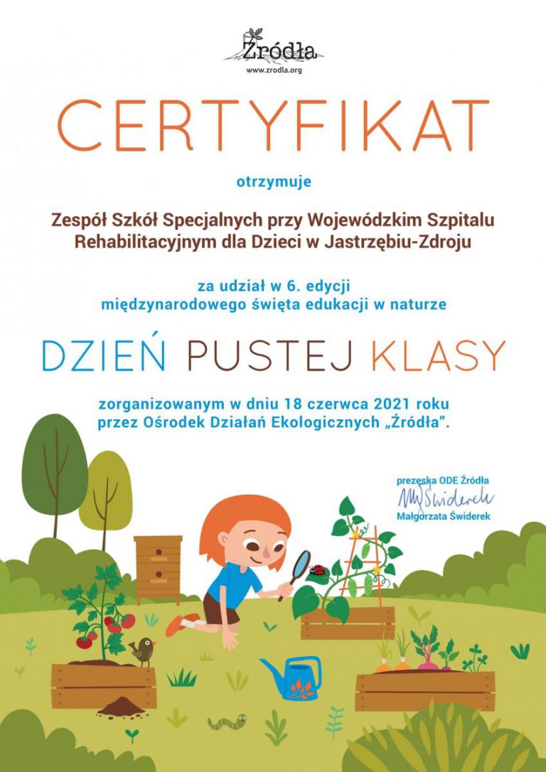 certyfikat dla szkoły z udział w szóstej edycji święta edukacji w naturze dnia pustej klasy