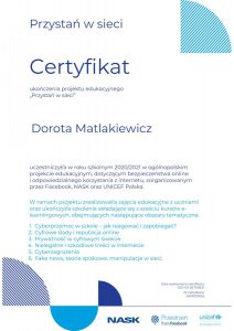 Certyfikat dla nauczycielki za ukończenie projektu edukacyjnego Przystań w sieci