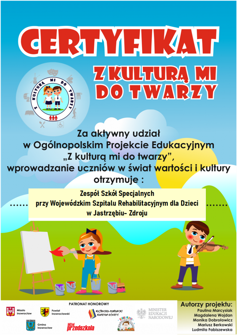 certyfikat dla szkoły za udział w projekcie z kulturą mi do twarzy