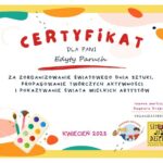 certyfikat dla nauczycielki za organizację światowego dnia sztuki