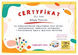 certyfikat dla nauczycielki za organizację światowego dnia sztuki