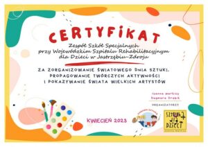 certyfikat dla szkoły za organizację światowego dnia sztuki