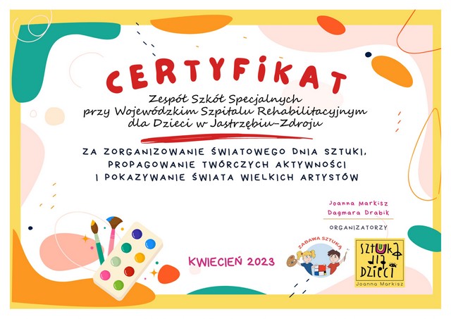 certyfikat dla szkoły za organizację światowego dnia sztuki