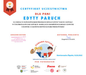 certyfikat dla nauczycielki uczestnictwa w kampanii zabaw sztuką