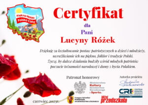 certyfikat dla nauczycielki uczestnictwa w kampanii piękna nasza polska cała