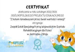 certyfikat dla szkoły ukończenia ogólnopolskiego projektu edukacyjnego z kotem amadeuszem przez świat wartości