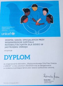 Dyplom dla szkoły za zorganizowanie obchodów Międzynarodowego Dnia Praw Dziecka