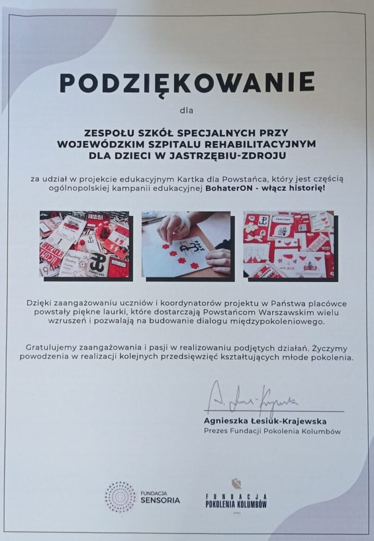 Podziękowanie dla szkoły za udział w kampanii Bohateron