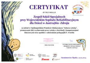 certyfikat udziału w projekcje Zabawa sztuką za rok 2023/2024 dla szkoły