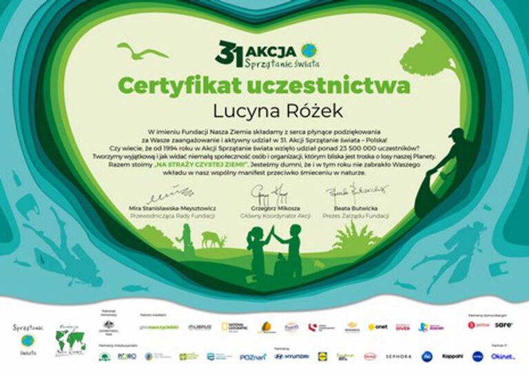 certyfikat sprzątania świata dla Lucyny Różek