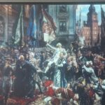 Zdjęcie przedstawia wyświetlony na tablicy multimedialnej obraz Jana Matejki "Uchwalenie Konstytucji 3 Maja"