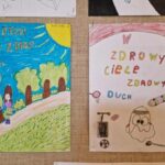 dwie praca plastyczne z napisem w zdrowym ciele zdrowy duch na prawej pracy przedstawiany jest ćwiczący duszek na lewej dziewczynka jadąca na rowerze