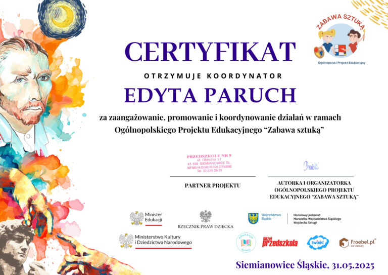 Certyfikat uczestnictwa nauczycielki w Ogólnopolskim Projekcie Edukacyjnym Zabawa sztuką