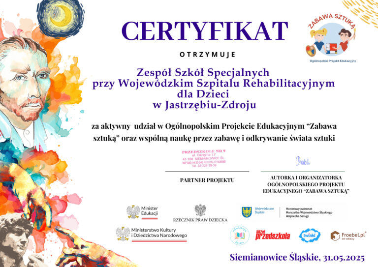 Certyfikat uczestnictwa szkoły w Ogólnopolskim Projekcie Edukacyjnym Zabawa sztuką