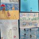 kolaż pięciu zdjęć przedstawiających prace plastyczne uczniów bezpieczne wakacje