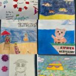 kolaż sześciu zdjęć przedstawiających prace plastyczne uczniów bezpieczne wakacje