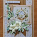 kartka okolicznościowa z okazji urodzin wykonana techniką scrapbookingu z obrazkiem zegara