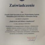 Zdjęcie przedstawia zaświadczenie o uczestnictwie szkoły w programie Smak życia czyli debata o dopalaczach.