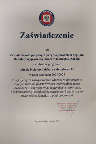 Zdjęcie przedstawia zaświadczenie o uczestnictwie szkoły w programie Smak życia czyli debata o dopalaczach.