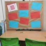 Zdjęcie przedstawia tablicę, na której uczniowie zamieszczali hasła przeciw przemocy.