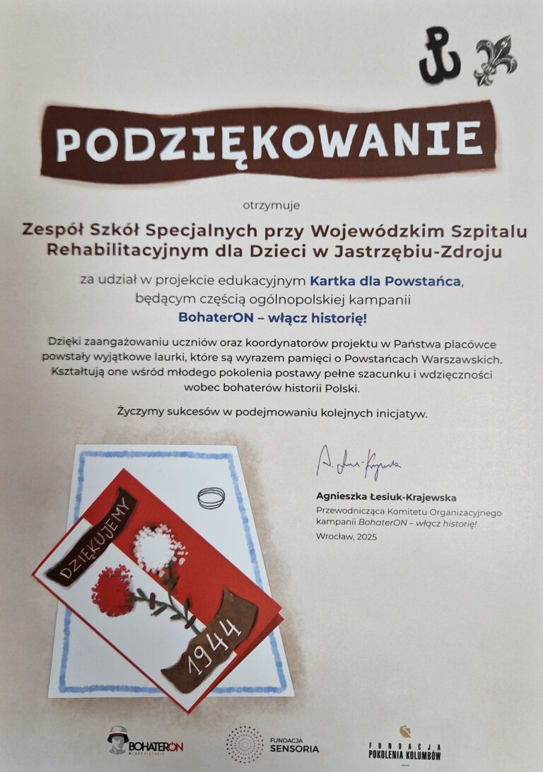 podziękowanie dla zespołu szkół za udział w projekcie kartka dla powstańca 2025