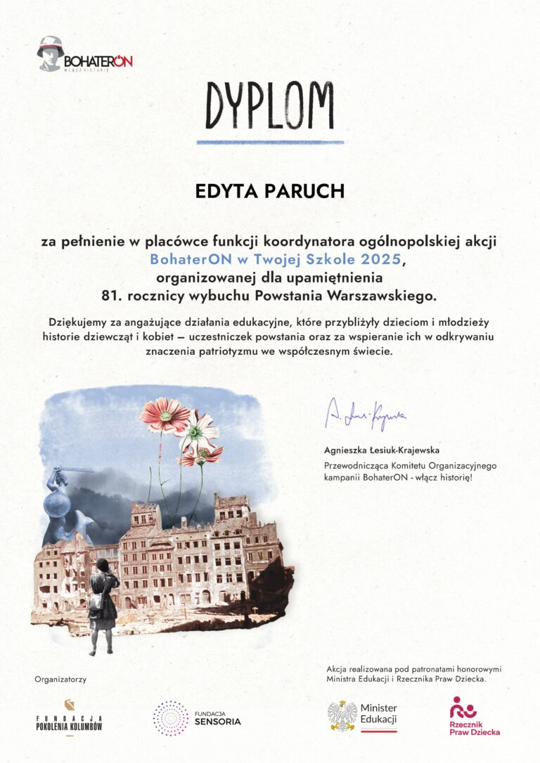 dyplom dla nauczycielki za udział w projekcie Bohateron 2025