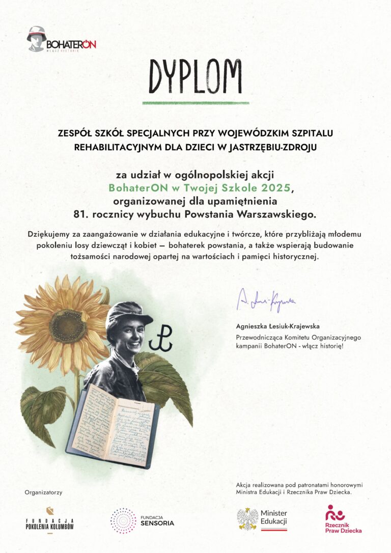 dyplom dla zespołu szkół za udział w projekcie Bohateron 2025