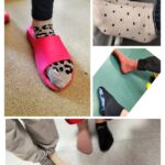 Zdjęcie przedstawia stopy dzieci ubrane w kolorowe skarpetki.