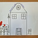 praca plastyczna przedstawiająca cieszące się dzieci przed budynkiem szkoły