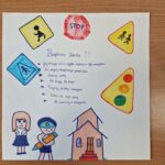 praca plastyczna przedstawiająca dzieci idące do szkoły i znaki drogowe