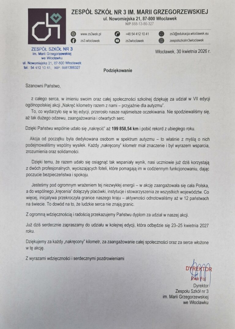 list gratulacyjny za udział w akcji zbierania kilometrów