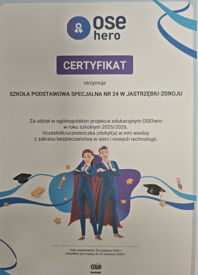 Zdjęcie przedstawia certyfikat uczestnictwa w projekcie OSEhero dla placówki