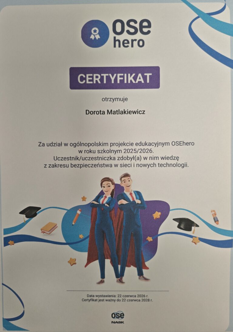 Zdjęcie przedstawia certyfikat uczestnictwa w projekcie OSEhero dla nauczycielki