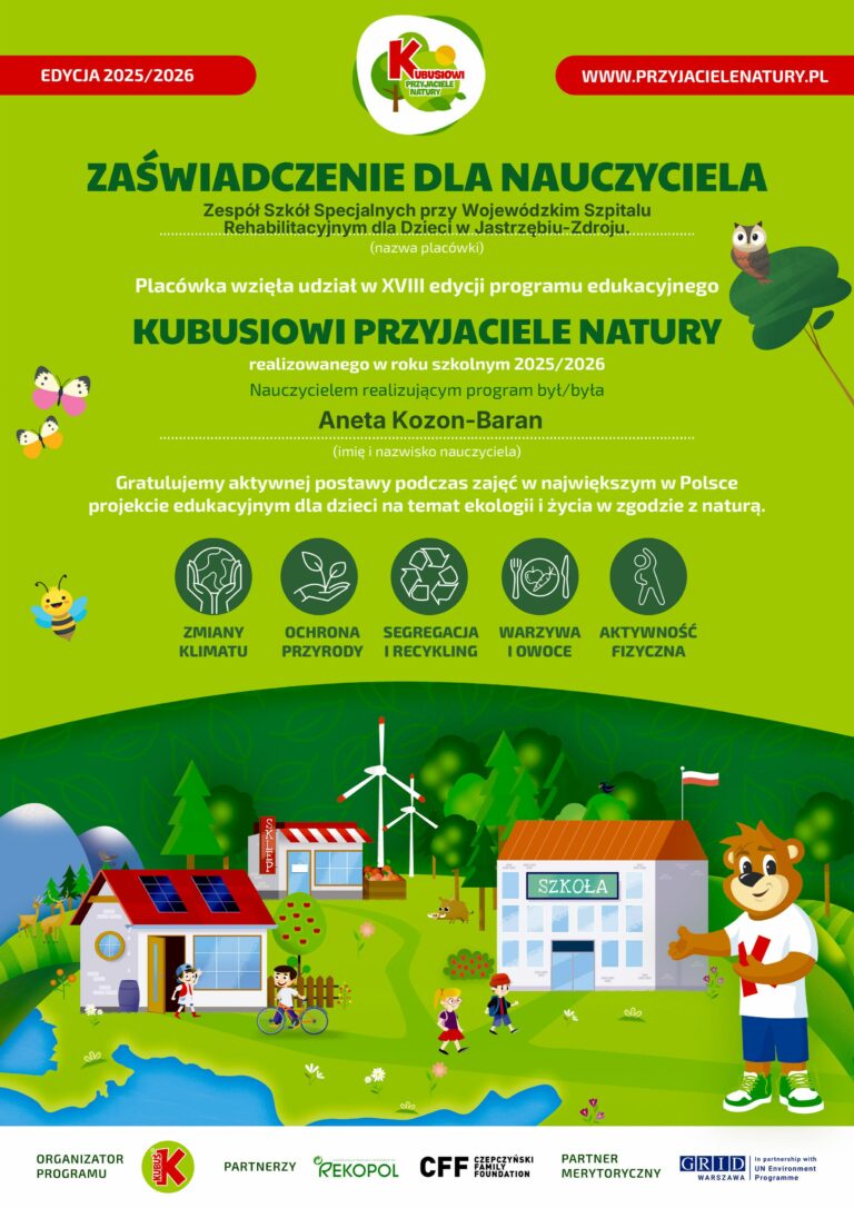 imienne Zaświadczenie dla nauczyciela udziału w programie Kubusiowi przyjaciele natury