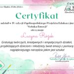 podziękowania dla nauczyciela za udział placówki w Ogólnopolskim Projekcie Edukacyjnym „Sztuka emocji”
