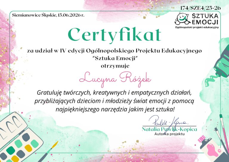 podziękowania dla nauczyciela za udział placówki w Ogólnopolskim Projekcie Edukacyjnym „Sztuka emocji”