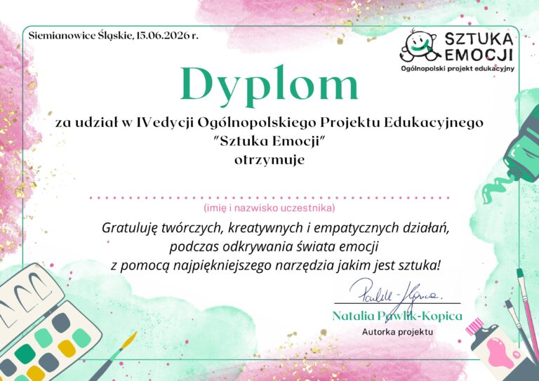 certyfikat za udział placówki w Ogólnopolskim Projekcie Edukacyjnym „Sztuka emocji”