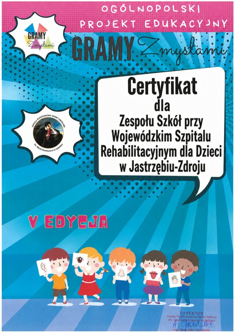 certyfikat udziału w Ogólnopolskim Projekcie Edukacyjnym „Gramy zmysłami”.