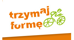 Logo programu Trzymaj formę , napis w kolorze pomarańczowym, obok zielony rower.