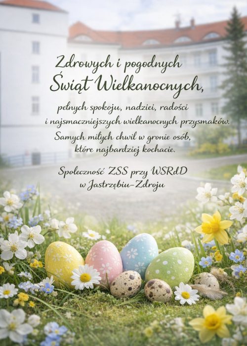 kartka z życzeniami wielkanocnymi na tle zdjęcia budynku szpitala